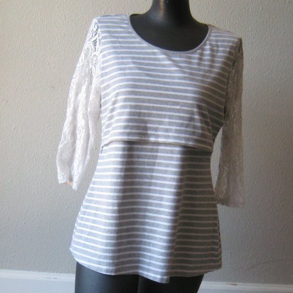 Milk Nursingwear Stripes Gray and White Top - Picture 5 of 9